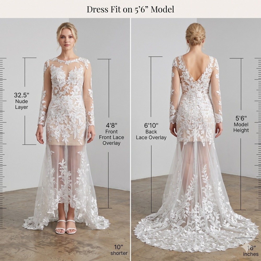 Wedding Bridal Gown White Dress XS/S Lace Floral Appliqué Sheer Long Sleeve - Picture 3 of 16